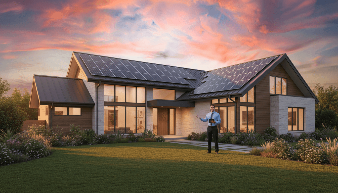 Residential home with complete solar panel array on roof at golden hour, technician standing at property entrance Residential home with complete solar panel array on roof at golden hour, technician standing at property entrance